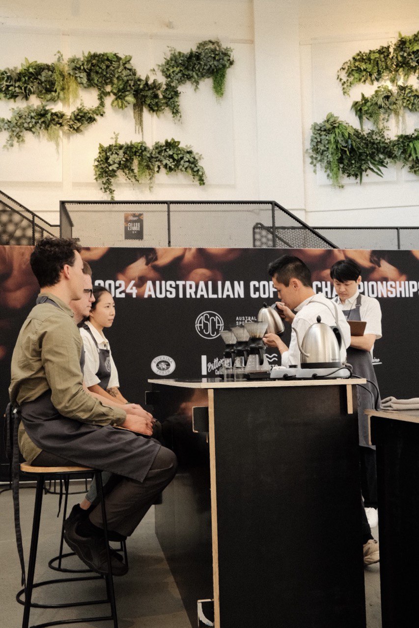 The Owner of After Hours Coffee competing in Australian Brewers Cup Competition in front of 4 judges.