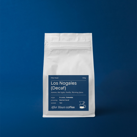 Colombia Los Nogales Washed Decaf Tabi coffee, produced by the Hernandez siblings in Bruselas