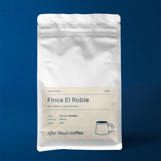 Colombia Finca El Roble Natural Java Espresso Roast by After Hours Coffee. Plum, Mulberry and Stewed Stonefruits