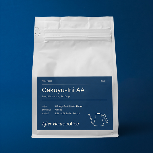 Kenya Gakuyu-Ini AA coffee with tasting notes of rose, blackcurrant, and red grape