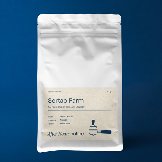 Brazil Sertao Farm Natural Red Catuai Espresso Roast by After Hours Coffee. Red Apples, Praline and Dark Chocolate